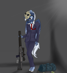 Size: 1456x1576 | Tagged: safe, artist:syntiset, imported from derpibooru, oc, oc only, oc:ginny, anthro, pegasus, unguligrade anthro, anthro oc, clothes, gun, mask, money, money bag, necktie, payday, rifle, solo, suit, vks, vssk «exhaust», weapon