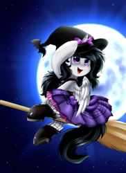 Size: 2550x3509 | Tagged: safe, artist:pridark, imported from derpibooru, oc, oc only, alicorn, pony, alicorn oc, broom, clothes, dress, flying, flying broomstick, hat, moon, night, solo, stars, witch, witch hat
