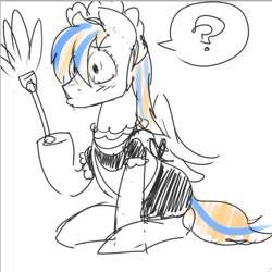 Size: 752x753 | Tagged: safe, artist:strangerdanger, imported from derpibooru, oc, oc only, oc:cold front, pegasus, pony, clothes, confused, crossdressing, dress, duster, maid, male, monochrome, partial color, simple background, sketch, solo, stallion, white background