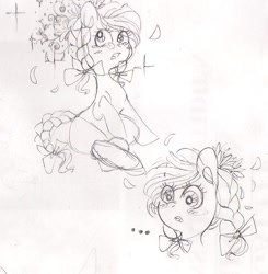Size: 752x768 | Tagged: safe, artist:pinkablue, imported from derpibooru, oc, oc only, oc:flowering, blushing, bowtie, braid, braided tail, crying, flower, flower in hair, low quality, monochrome