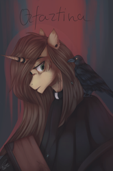 Size: 2193x3327 | Tagged: safe, artist:orfartina, imported from derpibooru, oc, oc only, oc:orfartina, bird, crow, pony, unicorn, clothes, female, mare, solo