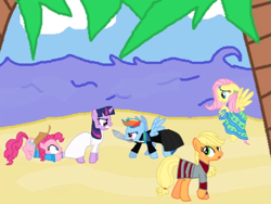 Size: 612x460 | Tagged: artist needed, safe, imported from derpibooru, applejack, fluttershy, pinkie pie, rainbow dash, twilight sparkle, beach, clothes, promise (audio drama), water