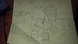 Size: 5312x2988 | Tagged: safe, imported from derpibooru, apple bloom, oc, oc:nightshade, oc:the lone changeling, changeling, fallout equestria, absurd resolution, clothes, colorless, fimfiction, fimfiction.net link, jumpsuit, scorpion changeling, traditional art, vault suit