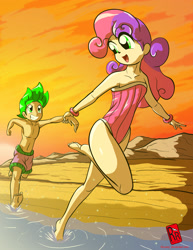 Size: 2021x2622 | Tagged: safe, artist:ryured, imported from derpibooru, spike, sweetie belle, human, ankles, armpits, barefoot, beach, clothes, commission, feet, happy, human spike, humanized, legs, male, male feet, ocean, open mouth, raised leg, sand, shipping, shorts, spikebelle, straight, swimsuit
