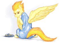 Size: 1247x761 | Tagged: safe, artist:testostepone, imported from derpibooru, spitfire, pony, clothes, colored sketch, female, simple background, solo, stupid sexy spitfire, white background, wings, wonderbolts uniform