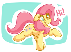 Size: 2293x1692 | Tagged: safe, artist:graphene, imported from derpibooru, fluttershy, pegasus, pony, cute, dialogue, female, hi, looking at you, mare, open mouth, raised hoof, shyabetes, simple background, smiling, solo