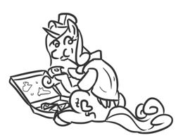 Size: 489x383 | Tagged: safe, artist:jargon scott, imported from derpibooru, princess cadance, pony, cadance's pizza delivery, eating, female, food, monochrome, peetzer, pizza, pizza delivery, solo, that pony sure does love pizza