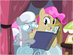 Size: 800x600 | Tagged: safe, artist:flash equestria photography, imported from derpibooru, mayor mare, silver spoon, earth pony, pony, bed, book, braid, cute, glasses, non-dyed mayor, reading