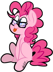 Size: 2189x2965 | Tagged: safe, artist:befishproductions, imported from derpibooru, pinkie pie, pony, female, glasses, missing cutie mark, signature, simple background, solo, tongue out, transparent background