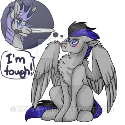 Size: 400x400 | Tagged: safe, artist:fluffyrainbowsheep, imported from derpibooru, oc, oc only, oc:knight smile, pegasus, pony, blushing, night guard, scrunchy face, sitting, solo, sword, watermark, weapon