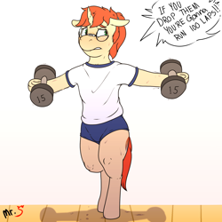 Size: 2000x2000 | Tagged: safe, artist:mr.smile, imported from derpibooru, oc, oc only, oc:scribble notes, pony, unicorn, bipedal, blushing, glasses, nerd, nerd pony, p.e, screaming, solo, sweat, workout