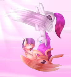 Size: 3973x4297 | Tagged: safe, artist:maximpy, artist:popcornhorns, deleted from derpibooru, imported from derpibooru, oc, oc only, oc:sugar feather, oc:tsnaimi, pegasus, pony, absurd resolution, braid, colored pupils, duo, female, flying, mare, upside down