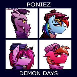 Size: 13000x13000 | Tagged: safe, artist:rubywave32, imported from derpibooru, big macintosh, discord, pinkie pie, rainbow dash, earth pony, pony, absurd file size, absurd resolution, album cover, clothes, dangerously high res, demon days, gorillaz, hat, jacket, male, pinkamena diane pie, ponified, ponified album cover, stallion