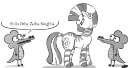 Size: 825x442 | Tagged: safe, artist:bunnimation, imported from derpibooru, zecora, zebra, angry, crocs, crossover, dialogue, engrish, grayscale, monochrome, pearls before swine, simple background, white background