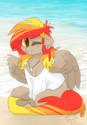 Size: 1000x1440 | Tagged: safe, artist:hiccupsdoesart, deleted from derpibooru, imported from derpibooru, oc, oc only, oc:merigold star, pegasus, pony, beach, clothes, shirt, solo