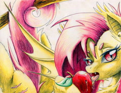 Size: 3277x2535 | Tagged: safe, artist:kaitlyn23, imported from derpibooru, fluttershy, bat pony, pony, apple, bedroom eyes, female, flutterbat, food, licking, mare, race swap, solo, tongue out, traditional art