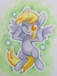 Size: 960x1280 | Tagged: safe, artist:dawnfire, imported from derpibooru, derpy hooves, pony, bipedal, colored pupils, cute, derpabetes, female, one eye closed, scrunchy face, solo, spread wings, traditional art, wink