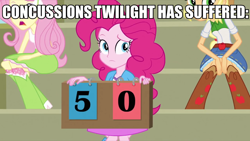 Size: 2560x1440 | Tagged: safe, imported from derpibooru, screencap, applejack, fluttershy, pinkie pie, twilight sparkle, totally legit recap, equestria girls, bleachers, boots, clothes, concussion, cowboy boots, female, high heel boots, score, scoreboard, skirt, socks
