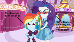Size: 1600x908 | Tagged: safe, artist:adamlhumphreys, artist:anonimowybrony, artist:limedazzle, artist:themexicanpunisher, imported from derpibooru, rainbow dash, rarity, equestria girls, alternate hairstyle, bracelet, carousel boutique, clothes, crossed arms, crystal prep academy, crystal prep academy uniform, crystal prep shadowbolts, dialogue, glasses, jewelry, mirror, rarity's glasses, school uniform, show accurate