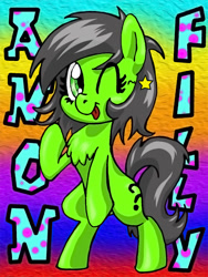 Size: 750x1000 | Tagged: safe, artist:lockhe4rt, imported from derpibooru, oc, oc only, oc:filly anon, earth pony, pony, bipedal, chest fluff, female, filly, one eye closed, rainbow background, solo, stars, wink