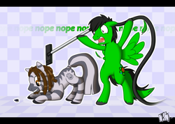 Size: 1191x850 | Tagged: safe, artist:rj-pilot, imported from derpibooru, oc, oc only, oc:rj, oc:thallium burst, spider, zebra, bipedal, unshorn fetlocks, vacuum cleaner, zebra oc