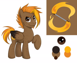 Size: 3000x2488 | Tagged: safe, artist:askbubblelee, imported from derpibooru, oc, oc only, oc:singe, pegasus, pony, cutie mark, freckles, looking at you, male, raised eyebrow, raised hoof, reference sheet, simple background, smiling, smug, solo, stallion