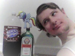 Size: 960x720 | Tagged: safe, imported from derpibooru, rainbow dash, human, alcohol, irl, irl human, jagermeister, oliver hancock, photo, root beer, shitposting, why