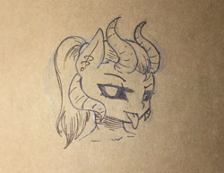 Size: 1280x990 | Tagged: safe, artist:elzzombie, imported from derpibooru, rainbow dash, anthro, demon, bust, ear piercing, female, horns, looking at you, monochrome, piercing, portrait, solo, tongue out, traditional art
