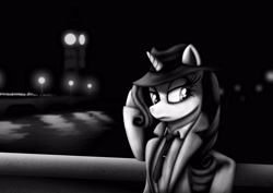 Size: 3508x2480 | Tagged: safe, artist:athos01, imported from derpibooru, rarity, pony, clothes, detective rarity, female, high res, monochrome, solo, water