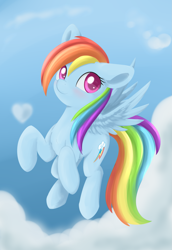 Size: 1363x1984 | Tagged: safe, artist:dusthiel, imported from derpibooru, rainbow dash, pony, blushing, cloud, colored pupils, female, flying, heart, solo