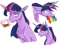 Size: 1656x1268 | Tagged: safe, artist:cranberry--zombie, artist:legally-psychotic, imported from derpibooru, twilight sparkle, pony, mentally advanced series, alcohol, female, floppy ears, glass, lightly watermarked, puking rainbows, simple background, solo, transparent background, unamused, watermark, whiskey