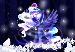 Size: 3600x2500 | Tagged: safe, artist:huirou, imported from derpibooru, princess luna, pony, angry, crown, crying, female, flower, forest, glow, glowing, glowing eyes, jewelry, magic, regalia, solo, spread wings, tree, white eyes