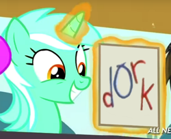 Size: 818x666 | Tagged: safe, edit, edited screencap, editor:mrdoctorderpy, imported from derpibooru, screencap, lyra heartstrings, pony, unicorn, leap of faith, season 4, dork, ed edd n eddy, exploitable meme, female, image macro, insult, lyra's score, magic, meme, rock-a-bye ed, sign, solo