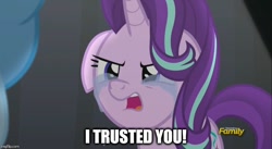 Size: 800x437 | Tagged: safe, edit, edited screencap, imported from derpibooru, screencap, starlight glimmer, trixie, pony, unicorn, no second prances, betrayal, caption, cloud, crying, female, final fantasy, final fantasy vii, image macro, mare, meme, obi wan kenobi, revenge of the sith, sad, sadlight glimmer, star wars, star wars: revenge of the sith