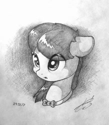 Size: 1032x1184 | Tagged: safe, artist:freeedon, imported from derpibooru, octavia melody, pony, bowtie, bust, female, floppy ears, grayscale, looking at something, monochrome, open mouth, pencil drawing, portrait, solo, traditional art