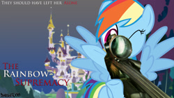 Size: 1920x1080 | Tagged: safe, artist:dash2600, imported from derpibooru, rainbow dash, pegasus, pony, canterlot, female, gun, hooves, jason bourne, mare, movie poster, one eye closed, optical sight, rifle, sniper rifle, solo, spread wings, text, the bourne supremacy, weapon, wings