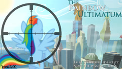 Size: 1920x1080 | Tagged: safe, artist:dash2600, imported from derpibooru, rainbow dash, pegasus, pony, bridge, city, cityscape, crosshair, crystaller building, female, friendship express, gun, handgun, jason bourne, manehattan, mare, movie poster, pistol, solo, stadium, the bourne ultimatum, weapon