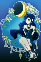 Size: 800x1200 | Tagged: safe, artist:lezzette, imported from derpibooru, princess luna, human, anklet, barefoot, blushing, choker, clothes, colored pupils, cute, dress, feet, female, flower, frown, humanized, jewelry, necklace, sitting, solo