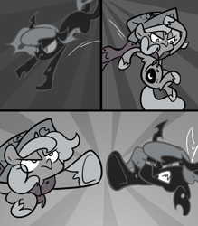 Size: 666x761 | Tagged: safe, artist:egophiliac, imported from derpibooru, princess luna, oc, oc:imogen, alicorn, changeling, changeling queen, pony, moonstuck, cartographer's cap, changeling queen oc, female, filly, grayscale, hat, jumping, marauder's mantle, monochrome, sunburst background, woona, younger