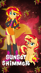 Size: 1080x1920 | Tagged: safe, artist:xxmaxterxx, imported from derpibooru, sunset shimmer, pony, equestria girls, boots, clothes, female, high heel boots, human ponidox, jacket, leather jacket, self ponidox, skirt, solo, sun