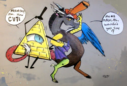 Size: 971x659 | Tagged: safe, artist:pepperscratch, imported from derpibooru, discord, bill cipher, crossover, dialogue, duo, gravity falls, hat, lidded eyes, looking at each other, looking back, spread wings, top hat, traditional art