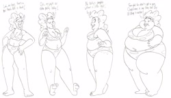 Size: 3673x2105 | Tagged: safe, artist:catstuxedo, imported from derpibooru, pinkie pie, human, bikini, chubby, clothes, fat, humanized, monochrome, obese, piggy pie, pudgy pie, speech bubble, swimsuit, weight gain