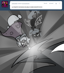 Size: 666x761 | Tagged: safe, artist:egophiliac, imported from derpibooru, princess luna, oc, oc:imogen, oc:winter (egophiliac), changeling, changeling queen, moonstuck, boop, cartographer's cap, changeling queen oc, female, filly, grayscale, hat, marauder's mantle, monochrome, moon roc, woona, younger