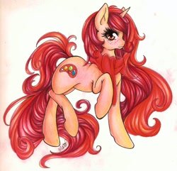 Size: 900x869 | Tagged: safe, artist:bunnywhiskerz, imported from derpibooru, oc, oc only, oc:red palette, pony, unicorn, female, freckles, mare, raised hoof, solo, traditional art