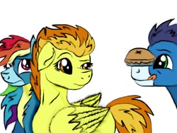 Size: 1024x770 | Tagged: safe, artist:soarindash8, imported from derpibooru, rainbow dash, soarin', spitfire, pegasus, pony, clothes, food, pie, simple background, that pony sure does love pies, uniform, white background, wonderbolts uniform