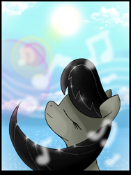 Size: 1608x2144 | Tagged: safe, artist:unitoone, imported from derpibooru, octavia melody, pony, eyes closed, female, lens flare, music notes, profile, solo, sun