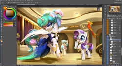 Size: 1280x695 | Tagged: safe, artist:imalou, imported from derpibooru, coco pommel, philomena, princess celestia, rarity, phoenix, alternate hairstyle, beautiful, clothes, dress, eyeshadow, makeup, photoshop, raised hoof, wip