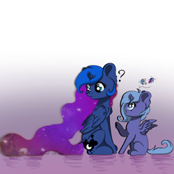 Size: 2500x2500 | Tagged: safe, artist:colorbrush, artist:colorochka, imported from derpibooru, princess luna, alicorn, pony, duality, duo, female, filly, mare, open mouth, question mark, s1 luna, self ponidox, sitting, talking, woona, younger