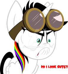 Size: 1024x1114 | Tagged: dead source, safe, artist:duragan, imported from derpibooru, oc, oc only, oc:lightning bliss, alicorn, pony, alicorn oc, angry, cute, denial's not just a river in egypt, do i look angry, goggles, i'm not cute, ocbetes, rainbow hair, simple background, solo, transparent background, watermark