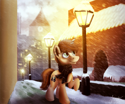Size: 1200x1000 | Tagged: safe, artist:misiekpl, imported from derpibooru, oc, oc only, pony, unicorn, building, city, clothes, commission, horn, lamppost, looking up, male, scarf, scenery, snow, snowfall, solo, unicorn oc